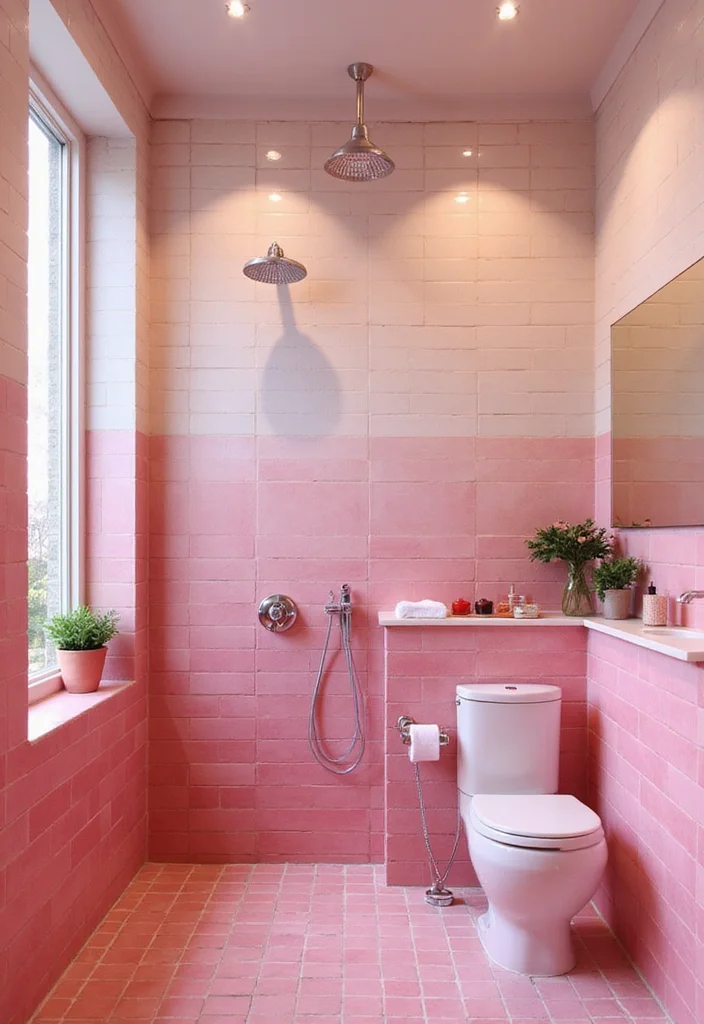 12 Pink Tile Bathroom Ideas for Playful Retro Style - 8. Ombre Effect: Gradient Pink Tiles