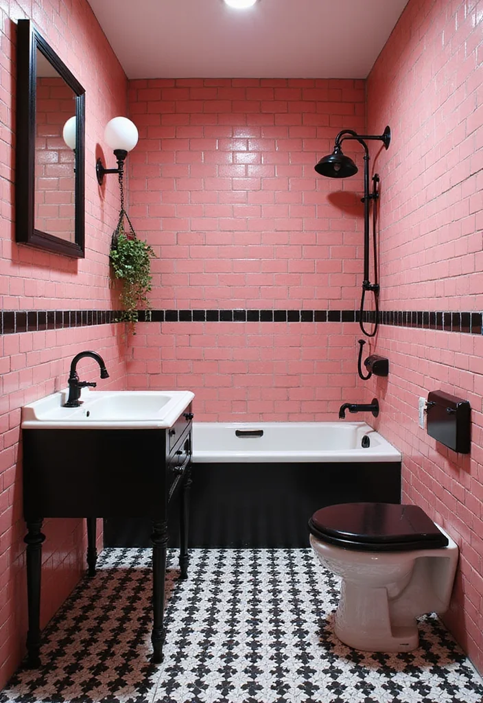 12 Pink Tile Bathroom Ideas for Playful Retro Style - 9. Bold Contrast: Pink and Black Tile Combination