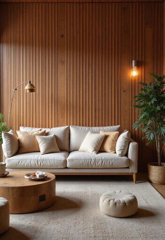 12 Slat Wall Ideas Living Room for Modern Textured Design - 1. Natural Wood Elegance