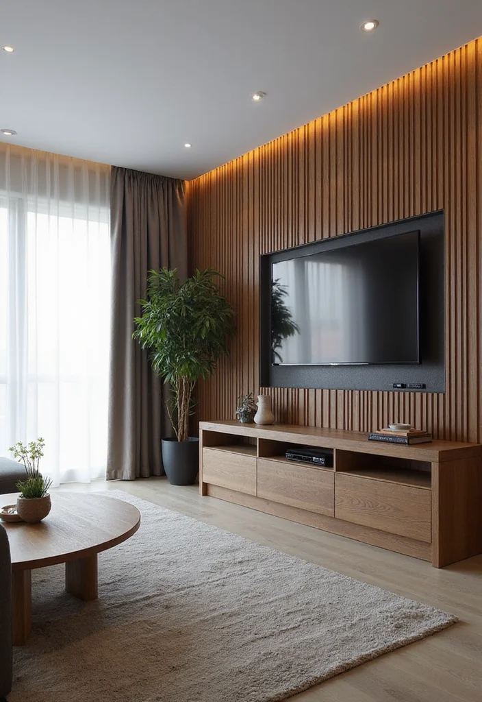 12 Slat Wall Ideas Living Room for Modern Textured Design - 10. Incorporating Technology