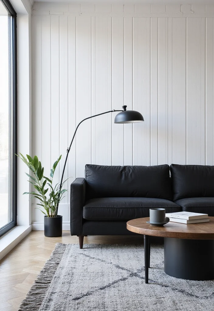 12 Slat Wall Ideas Living Room for Modern Textured Design - 2. Monochrome Marvel