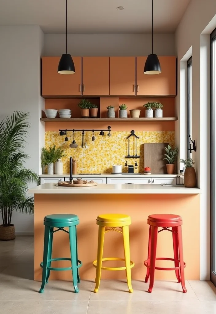 12 Small Open Kitchen Ideas for Airy Efficient Layouts - 4. Bright Accents Against Neutral Backdrops