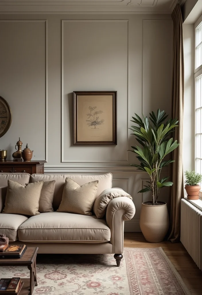 12 Taupe Sofa Living Room Ideas for Soft Neutral Appeal - 12. Vintage Vibes