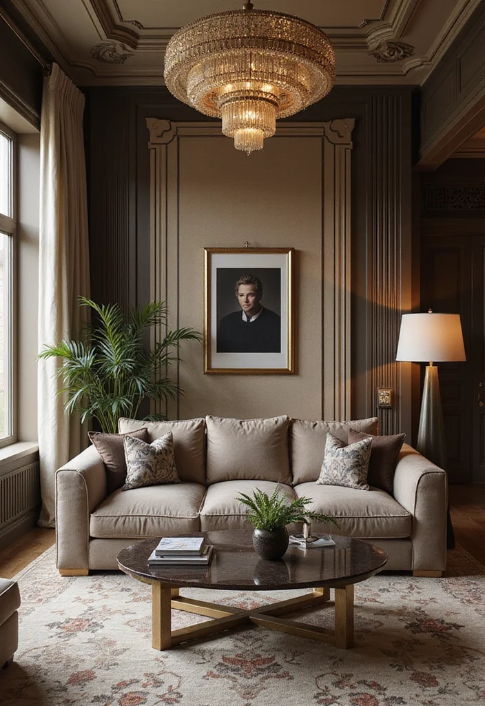 12 Taupe Sofa Living Room Ideas for Soft Neutral Appeal - 9. Art Deco Elegance
