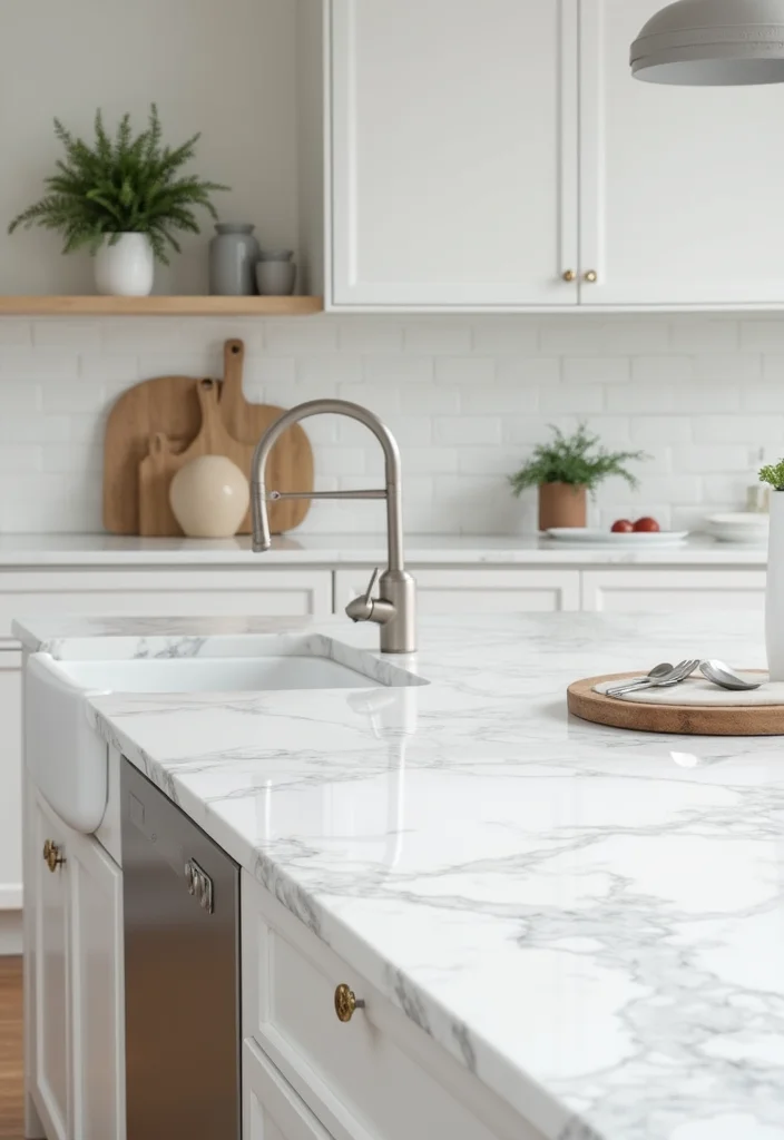 12 White Kitchen Countertop Ideas for Clean Bright Design - 7. White Marble-Effect Porcelain