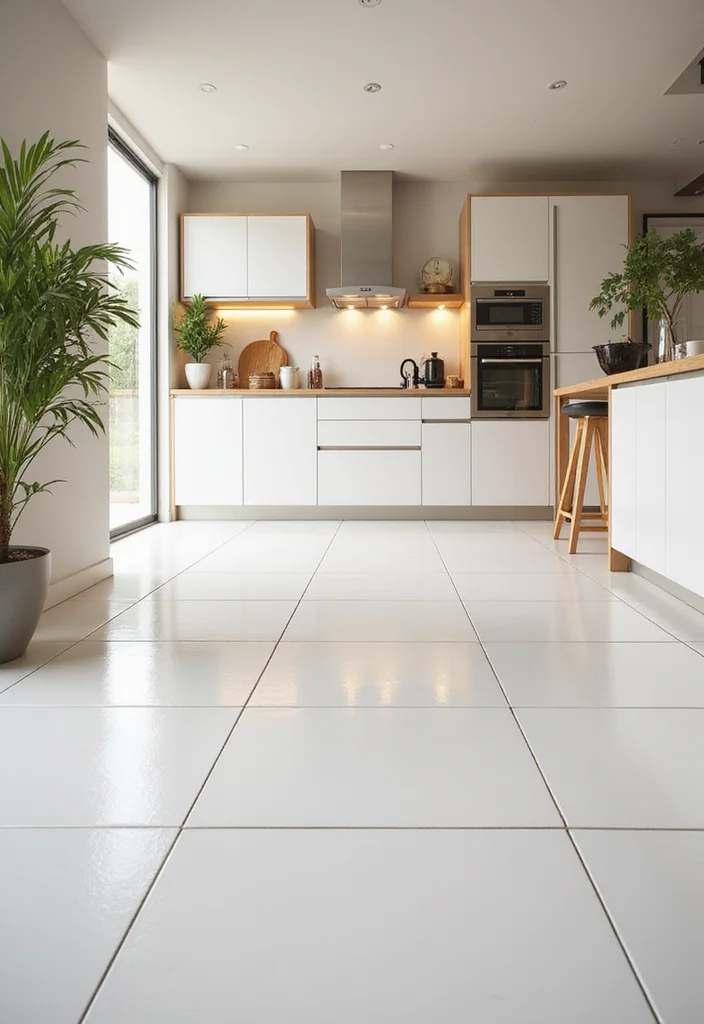 12 White Kitchen Flooring Ideas for Light Spacious Appeal - 1. Sleek White Porcelain Tiles