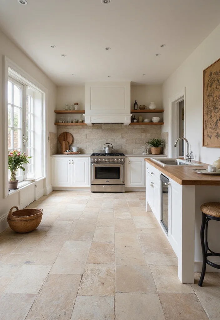 12 White Kitchen Flooring Ideas for Light Spacious Appeal - 12. Light Stone Flooring