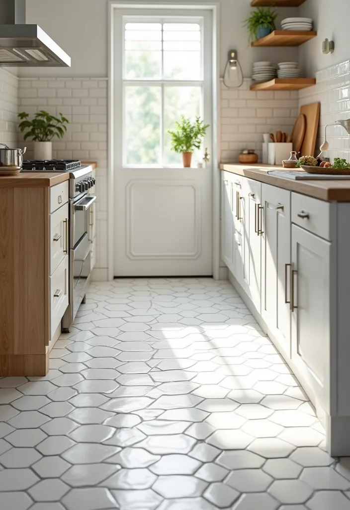 12 White Kitchen Flooring Ideas for Light Spacious Appeal - 6. White Hexagon Tiles