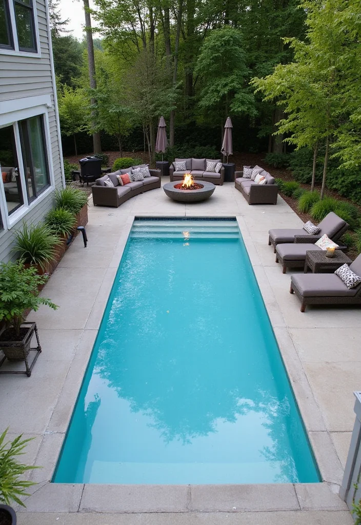 14 Backyard Pool and Fire Pit Ideas for Cozy Resort Style - 1. Compact Lap Pool with Built-In Fire Pit