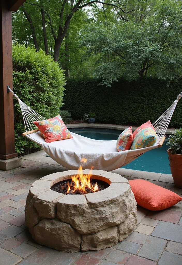 14 Backyard Pool and Fire Pit Ideas for Cozy Resort Style - 11. Cozy Poolside Hammock by the Fire Pit