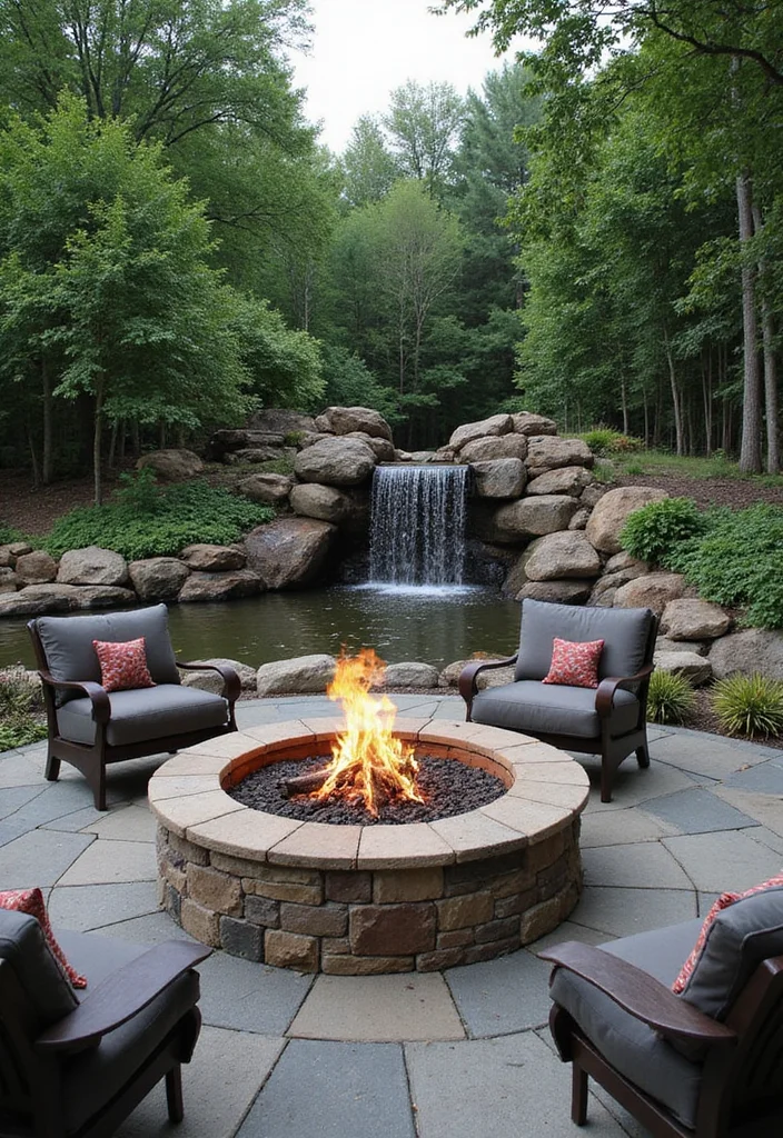14 Backyard Pool and Fire Pit Ideas for Cozy Resort Style - 12. Fire Pit with Waterfall Feature