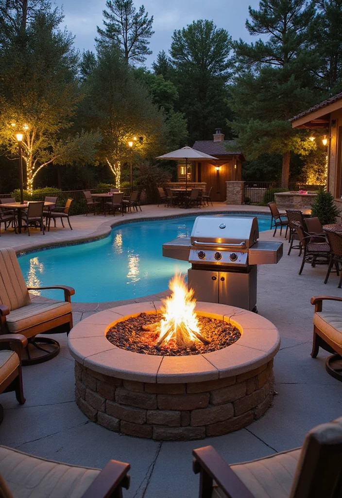 14 Backyard Pool and Fire Pit Ideas for Cozy Resort Style - 13. Fire Pit with Poolside BBQ Station