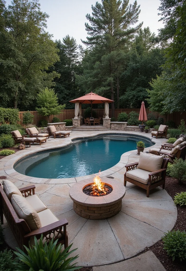 14 Backyard Pool and Fire Pit Ideas for Cozy Resort Style - 2. Semi-Inground Pool with Fire Pit Lounge