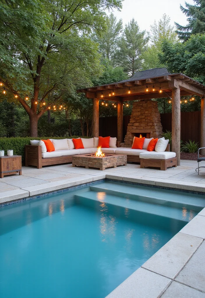 14 Backyard Pool and Fire Pit Ideas for Cozy Resort Style - 3. Plunge Pool with Surrounding Fire Pit