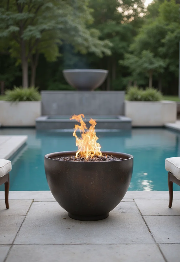 14 Backyard Pool and Fire Pit Ideas for Cozy Resort Style - 4. Fire Bowl by the Poolside