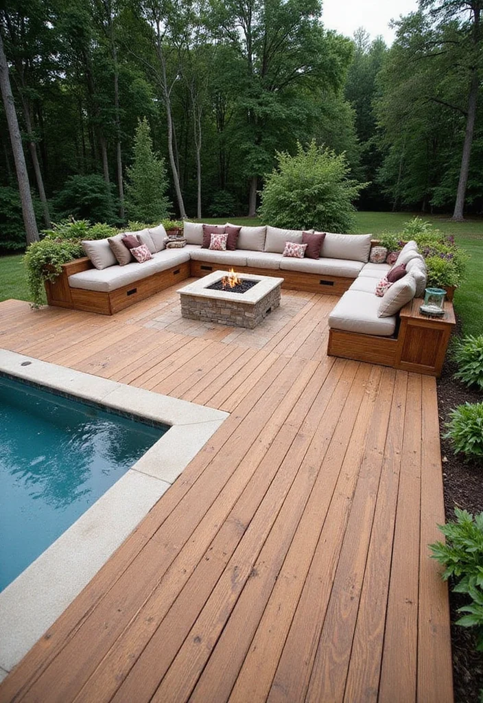 14 Backyard Pool and Fire Pit Ideas for Cozy Resort Style - 5. Elevated Wooden Deck Pool with Fire Pit