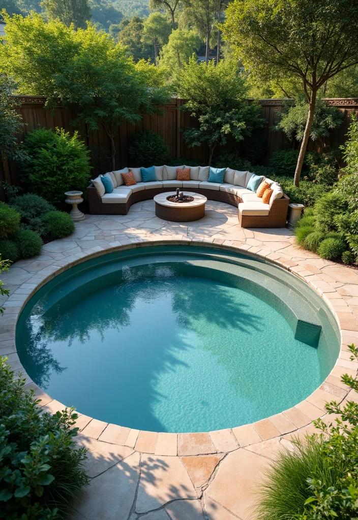 14 Backyard Pool and Fire Pit Ideas for Cozy Resort Style - 7. Round Pool with Circular Fire Pit