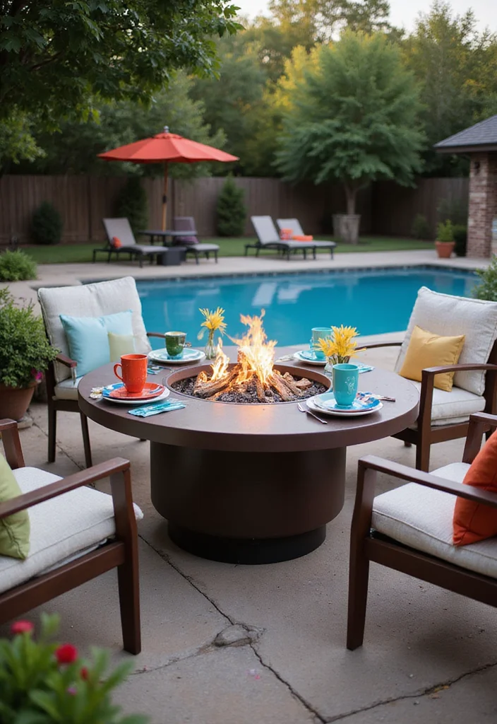 14 Backyard Pool and Fire Pit Ideas for Cozy Resort Style - 8. Fire Pit Table with Poolside Chairs
