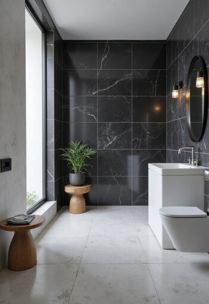 14 Black and White Bathroom Tile Ideas for Timeless Contrast - 11. Sleek Slab Aesthetics