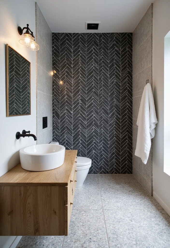 14 Black and White Bathroom Tile Ideas for Timeless Contrast - 2. Herringbone Harmony