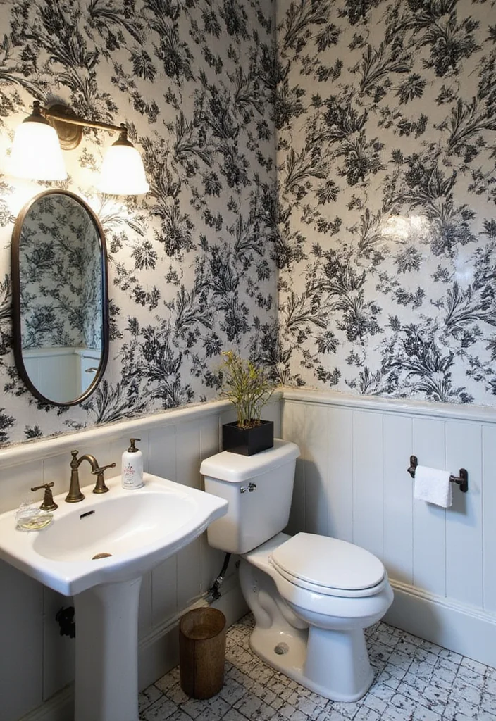14 Black and White Bathroom Tile Ideas for Timeless Contrast - 4. Vintage Floral Patterns