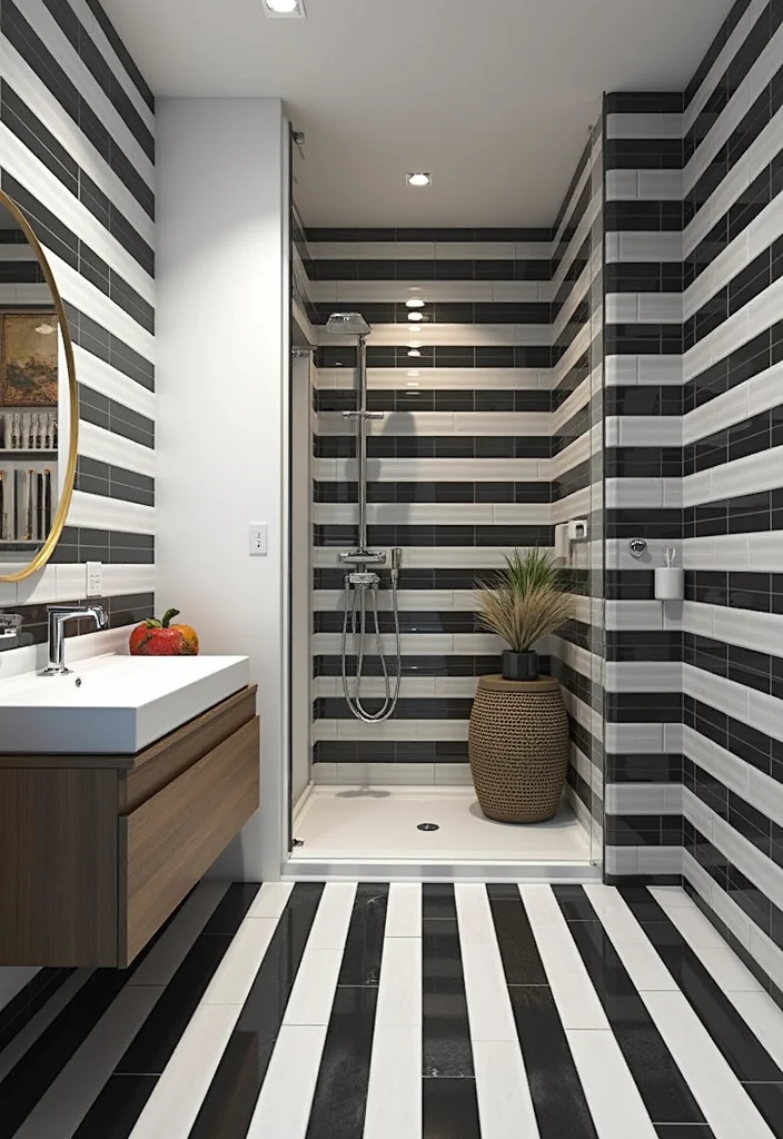 14 Black and White Bathroom Tile Ideas for Timeless Contrast - 7. Bold Stripes