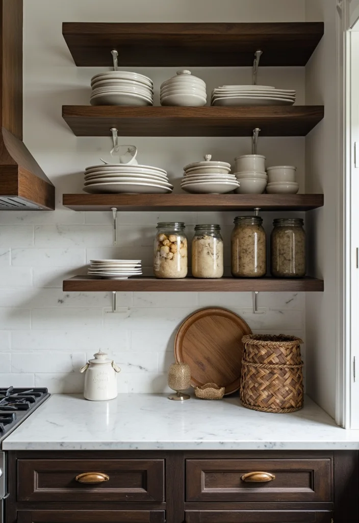 14 Moody Kitchen Ideas for Deep Cozy Atmosphere - 11. Open Shelving with A Twist
