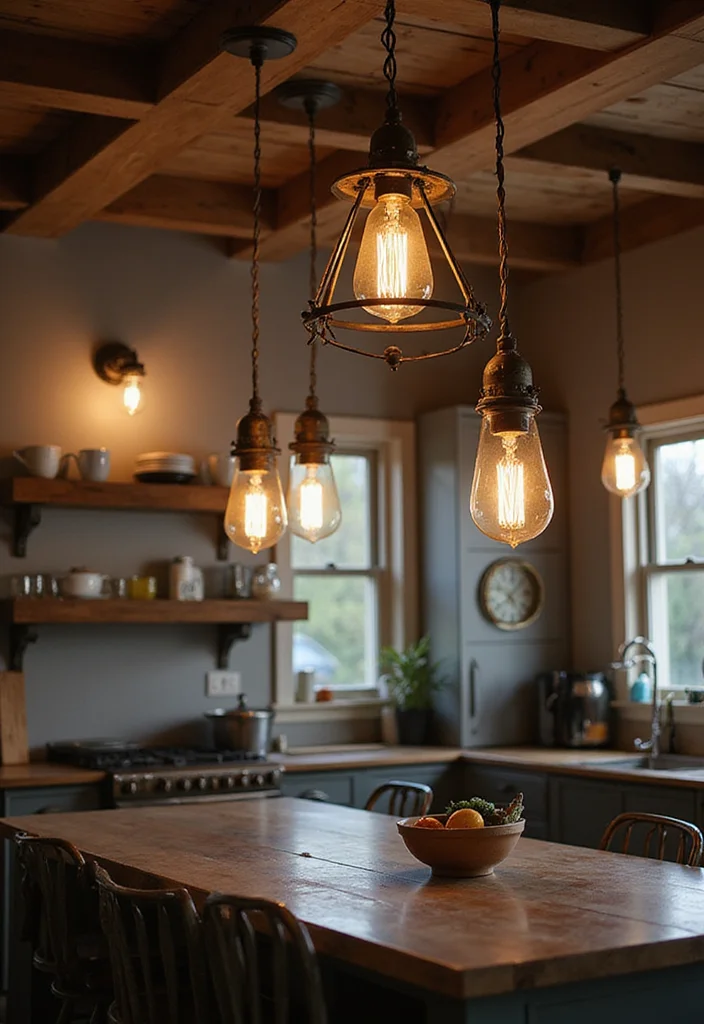 14 Moody Kitchen Ideas for Deep Cozy Atmosphere - 2. Ambient Lighting with Vintage Fixtures