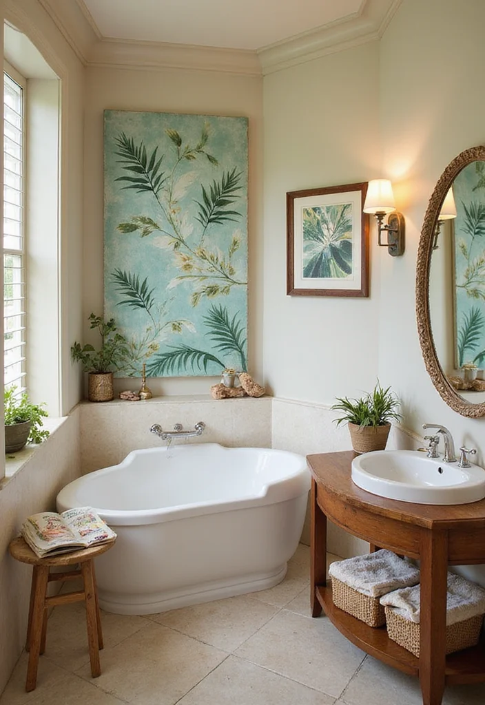 14 Tropical Bathroom Ideas for a Fresh Vacation Feel - 10. Tropical Artwork and Decor