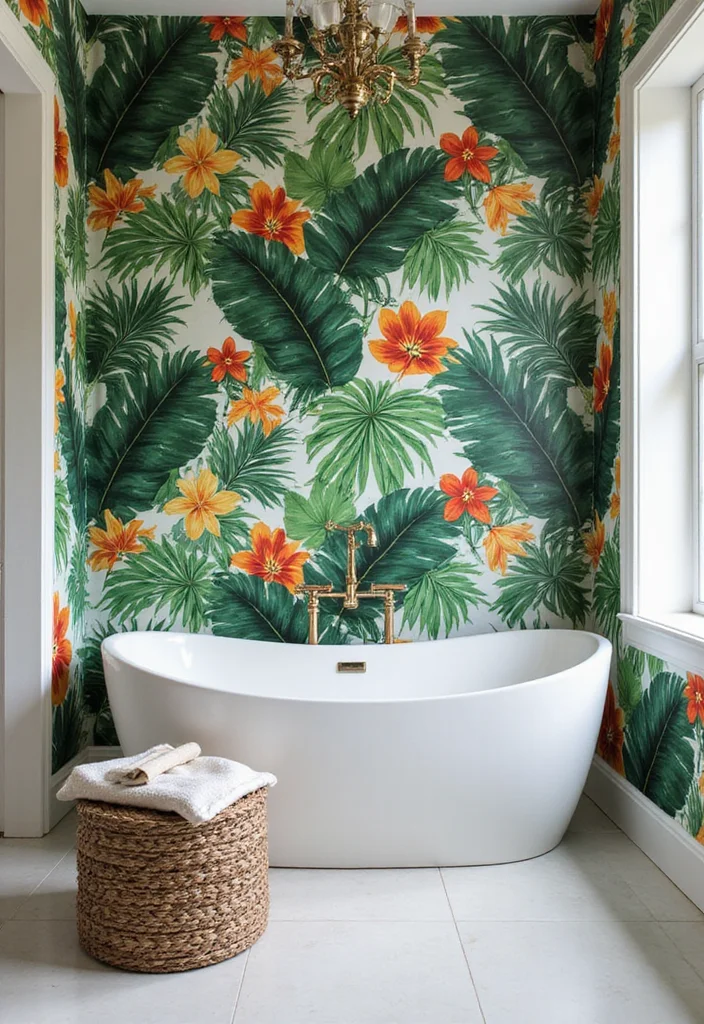 14 Tropical Bathroom Ideas for a Fresh Vacation Feel - 5. Tropical Wallpaper for a Bold Statement