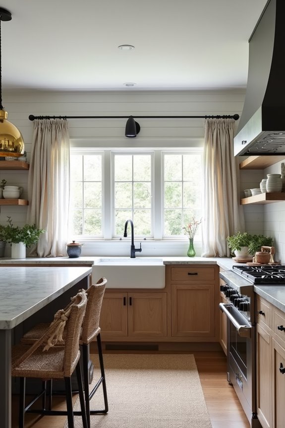 copper pendant lights white shiplap quartz counters fireclay sink