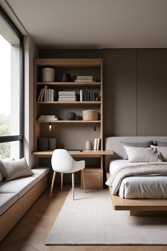 corner bed with small desk nearby