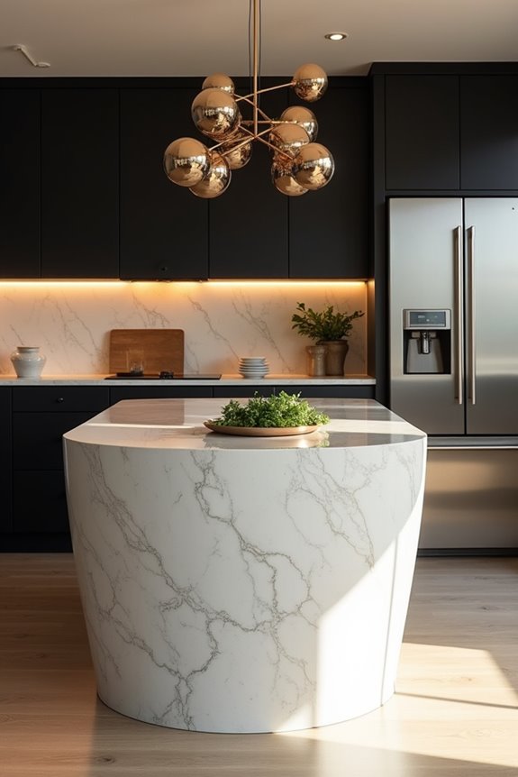 7 Reasons Kitchen Islands Aren't Going Out of Style in 2026 3 curved freestanding islands with lighting
