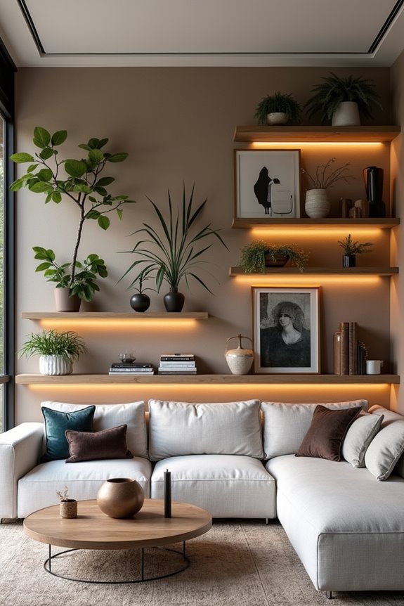 floating shelves create dynamic wall displays