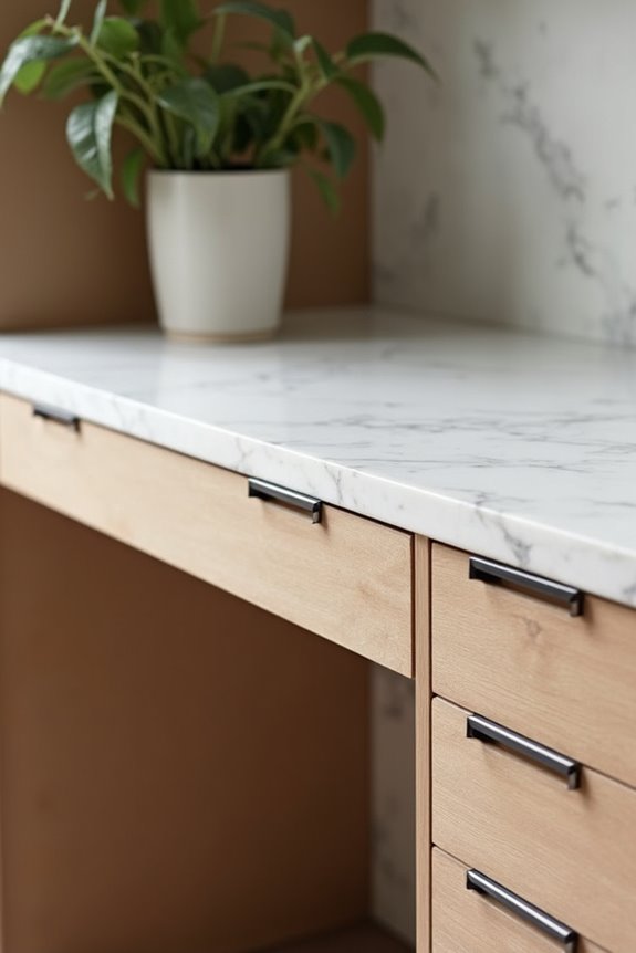 mismatched desk disrupts cohesive kitchen