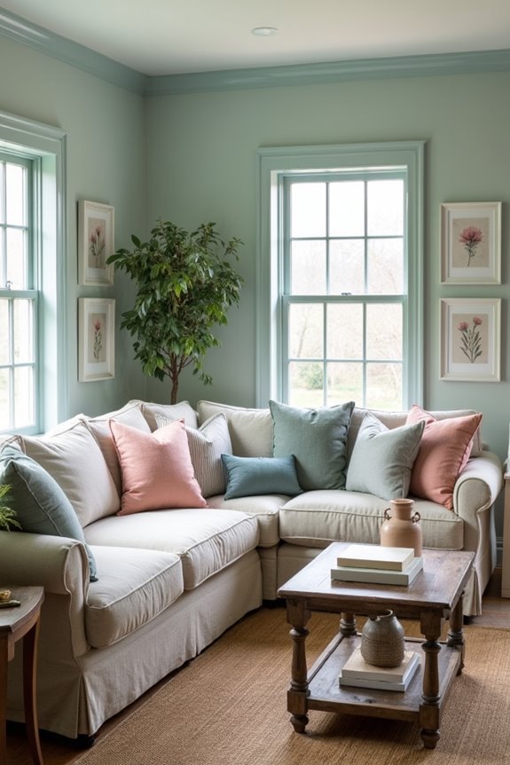 soft aqua walls navy accents blush warmth